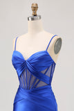 Royal Blue Bodycon Sheer Corset Pleated Homecoming Dress with Slit