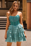 Peacock Green A-Line Strapless Corset Tiered Homecoming Dress with Beading