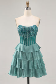 Peacock Green A Line Beaded Tiered Strapless Short Homecoming Dress