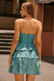 Peacock Green A-Line Strapless Corset Tiered Homecoming Dress with Beading