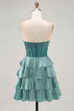 Peacock Green A-Line Strapless Corset Tiered Homecoming Dress with Beading