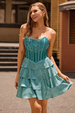 Peacock Green A-Line Strapless Corset Tiered Homecoming Dress with Beading