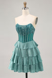 Peacock Green A Line Beaded Tiered Strapless Short Homecoming Dress