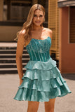 Peacock Green A-Line Strapless Corset Tiered Homecoming Dress with Beading