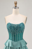 Peacock Green A Line Beaded Tiered Strapless Short Homecoming Dress