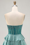 Peacock Green A Line Beaded Tiered Strapless Short Homecoming Dress