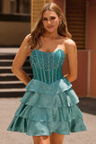 Peacock Green A-Line Strapless Corset Tiered Homecoming Dress with Beading