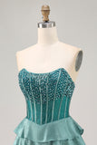 Peacock Green A Line Beaded Tiered Strapless Short Homecoming Dress