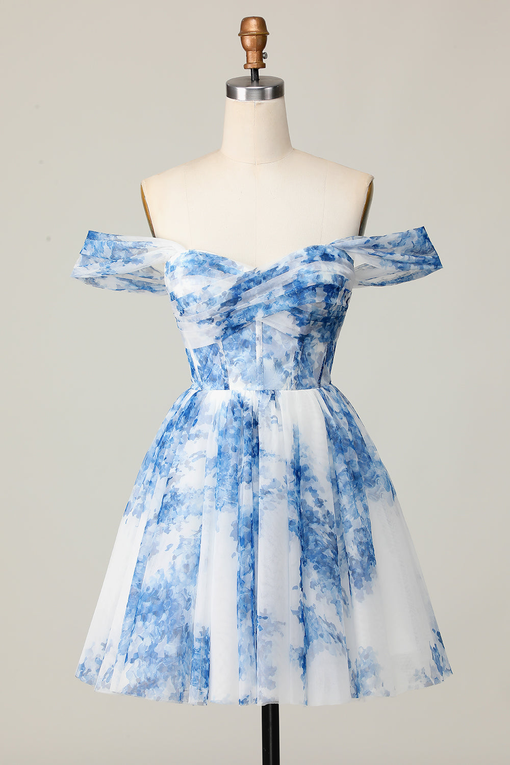 Wedtrend Women Off The Shoulder Homecoming Dress with Ruffles Corset White and Blue Printed Cocktail Dress WEDTREND Wedtrend Women Off The Shoulder Homecoming Dress with Ruffles Corset White and Blue Printed Cocktail Dress WEDTREND