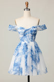 White Blue Flower Off The Shoulder Printed Corset Homecoming Dress with Ruffles