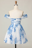 Off the Shoulder White Blue Flower Ruched A Line Short Homecoming Dress
