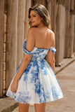 Off the Shoulder White Blue Flower Ruched A Line Short Homecoming Dress