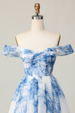 White Blue Flower Off The Shoulder Printed Corset Homecoming Dress with Ruffles