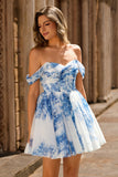 Off the Shoulder White Blue Flower Ruched A Line Short Homecoming Dress