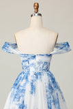 White Blue Flower Off The Shoulder Printed Corset Homecoming Dress with Ruffles