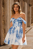 Off the Shoulder White Blue Flower Ruched A Line Short Homecoming Dress