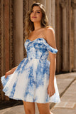 Off the Shoulder White Blue Flower Ruched A Line Short Homecoming Dress