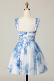 White Blue Flower Off The Shoulder Printed Corset Homecoming Dress with Ruffles