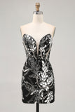 Sparkly Black Bodycon Strapless Beaded Short Homecoming Dress with Sequins