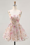 Pink Floral A-Line Square Neck Short Homecoming Dress with Sequins