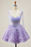 Lilac A-Line Spaghetti Straps Corset Beaded Homecoming Dress with Feathers