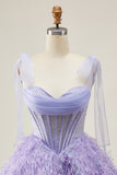 Lilac A-Line Spaghetti Straps Corset Beaded Homecoming Dress with Feathers