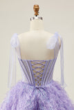 Lilac A-Line Spaghetti Straps Corset Beaded Homecoming Dress with Feathers