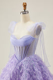 Lilac A-Line Spaghetti Straps Corset Beaded Homecoming Dress with Feathers