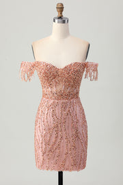 Sparkly Dusty Rose Off The Shoulder Tight Corset Beaded Homecoming Dress