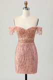 Sparkly Dusty Rose Off The Shoulder Tight Corset Beaded Homecoming Dress