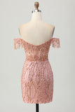 Sparkly Off The Shoulder Tight Corset Dusty Rose Beaded Homecoming Dress