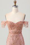Sparkly Dusty Rose Off The Shoulder Tight Corset Beaded Homecoming Dress