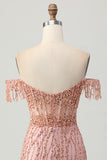 Sparkly Dusty Rose Off The Shoulder Tight Corset Beaded Homecoming Dress