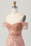 Sparkly Dusty Rose Off The Shoulder Tight Corset Beaded Homecoming Dress