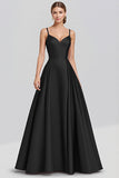 Spaghetti Straps Satin A Line Long Black Formal Dress