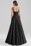 Spaghetti Straps Satin A Line Long Black Formal Dress