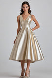 Metallic Champagne V-Neck A Line Formal Dress