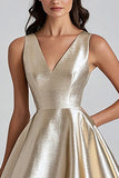 Metallic Champagne V-Neck A Line Formal Dress