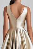 Metallic Champagne V-Neck A Line Formal Dress