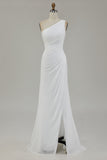 One Shoulder Ivory Ruched Engagement Dress with Slit