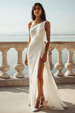 One Shoulder Ivory Ruched Engagement Dress with Slit