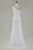 One Shoulder Ivory Ruched Engagement Dress with Slit