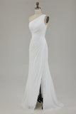 One Shoulder Ivory Ruched Engagement Dress with Slit