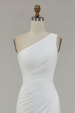 One Shoulder Ivory Ruched Engagement Dress with Slit