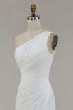 One Shoulder Ivory Ruched Engagement Dress with Slit