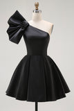 Black A-Line Satin One Shoulder Mini Cocktail Dress