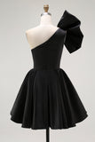 Black A-Line Satin One Shoulder Mini Cocktail Dress