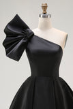 Black A-Line Satin One Shoulder Mini Cocktail Dress