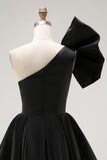 Black A-Line Satin One Shoulder Mini Cocktail Dress