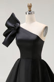 Black A-Line Satin One Shoulder Mini Cocktail Dress
